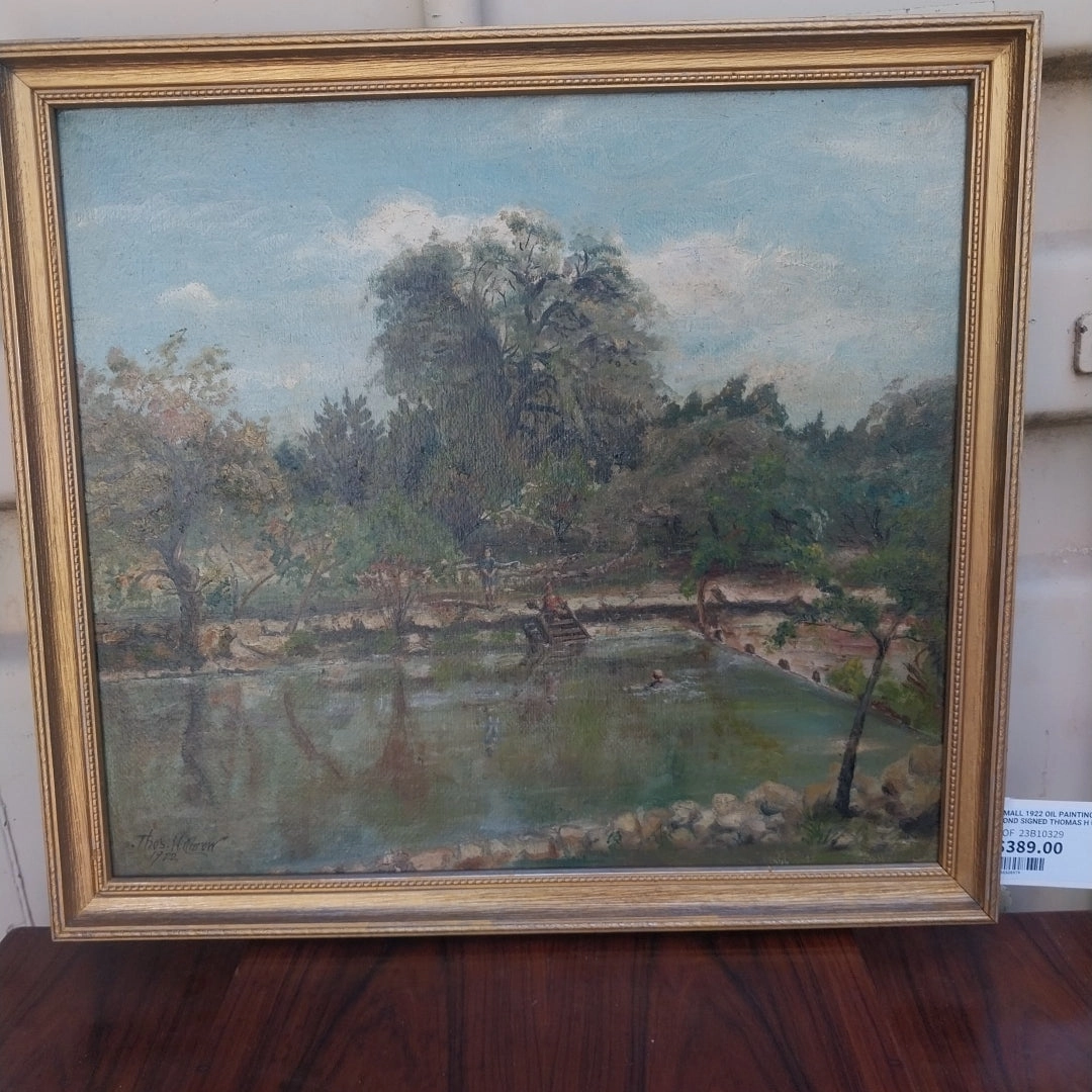 SMALL 1922 OIL PAINTING OF FISHING POND SIGNED THOMAS H CAROW