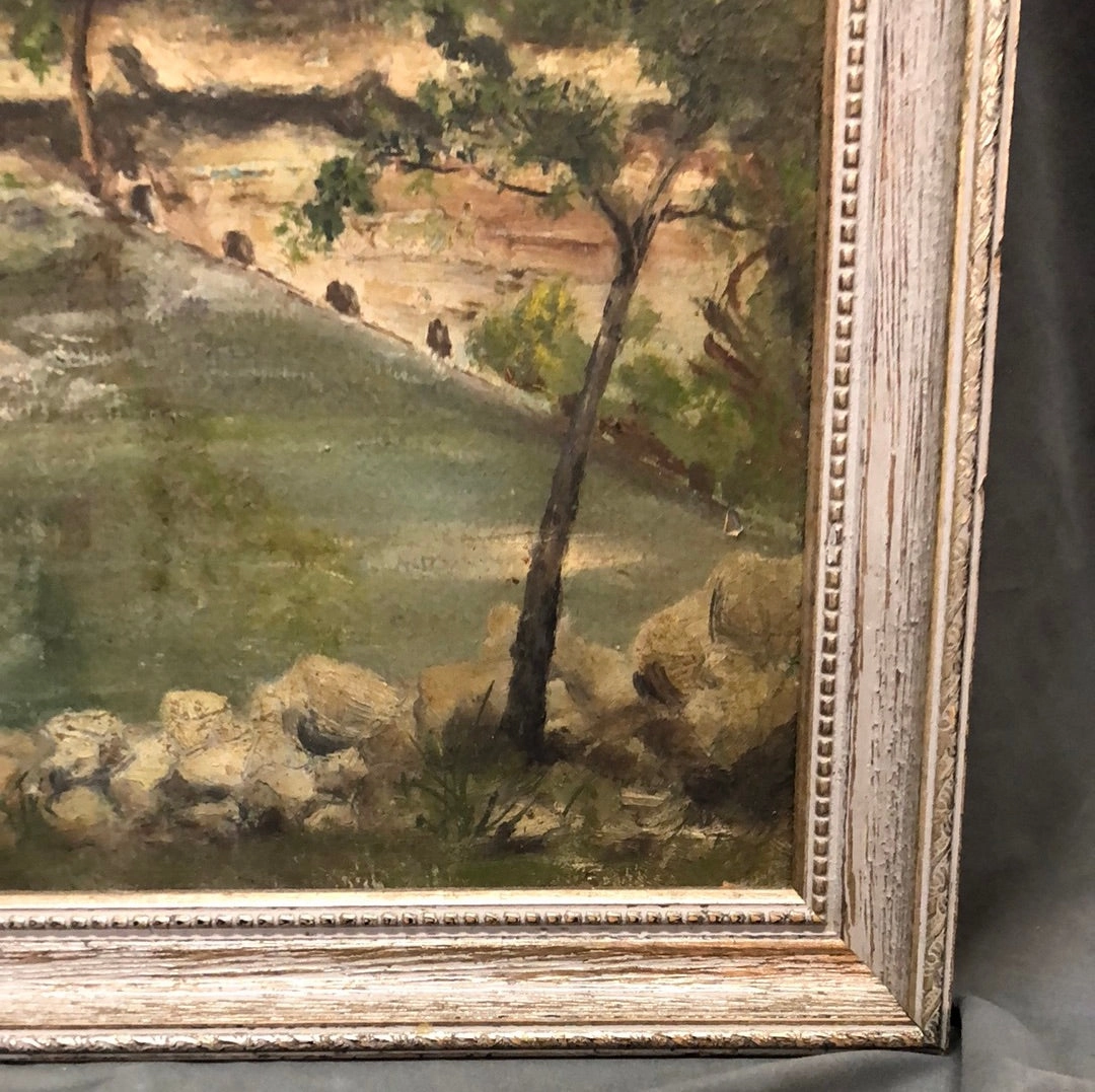SMALL 1922 OIL PAINTING OF FISHING POND SIGNED THOMAS H CAROW