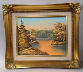 SMALL AUTUMN LAKE OIL PAINTING IN GOLD FRAME-ORANGE TONES classic mural painting