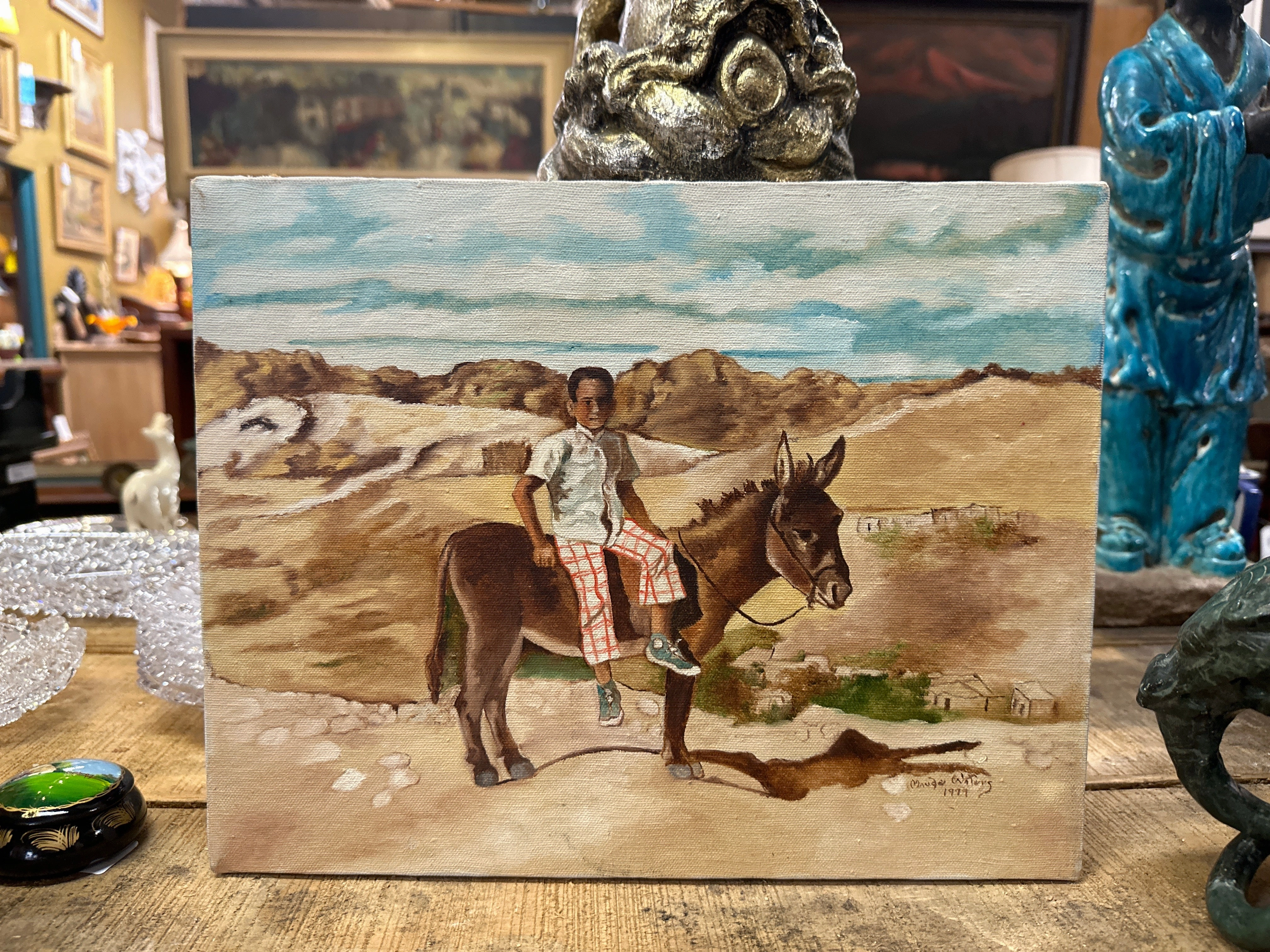 SMALL BLACKED FRAMED OIL P PAINTING OF A BOY ON A DONKEY BY MAUDE WATERS classic mural painting
