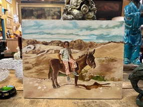 SMALL BLACKED FRAMED OIL P PAINTING OF A BOY ON A DONKEY BY MAUDE WATERS classic mural painting