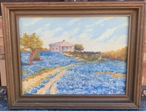SMALL BLUEBONNETS AND WHITE HOUSE PAINTING classic mural painting