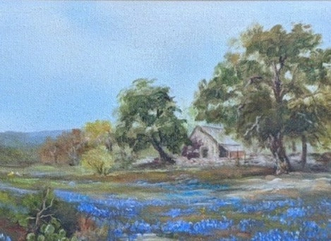 SMALL BLUEBONNETS PAINTING IN GREEN FRAME