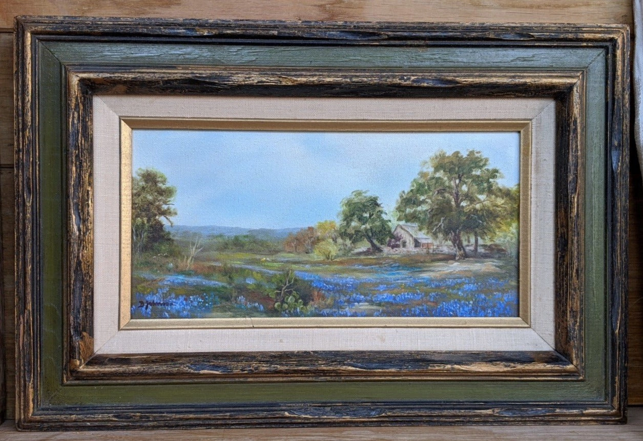 SMALL BLUEBONNETS PAINTING IN GREEN FRAME classic mural painting
