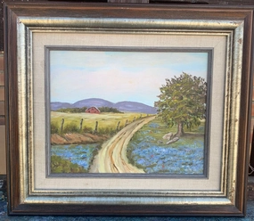 SMALL BLUEBONNETS WITH RED BARN OIL PAINTING classic mural painting