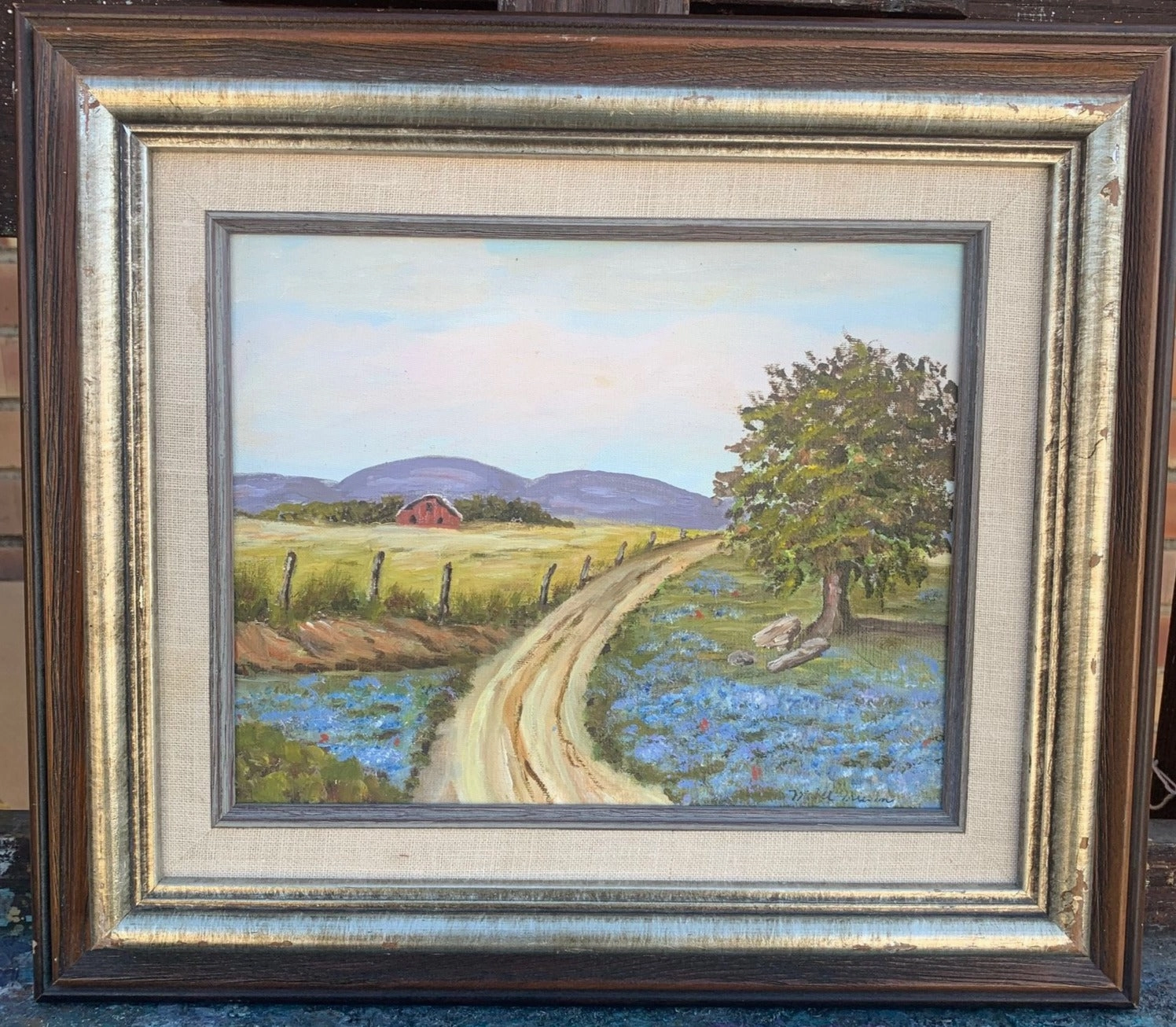 SMALL BLUEBONNETS WITH RED BARN OIL PAINTING classic mural painting