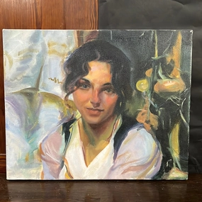 SMALL BRIGHT GOLD FRAMED OIL PAINTING OF GIRL classic mural painting