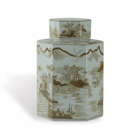 Small Brown on White Porcelain Tea Jar with Asian Pastoral Scene home display ornament