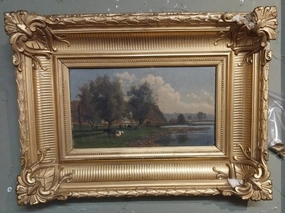 SMALL BUCCOLIC OIL PAINTING WITH COWS  IN ORNATE AS FOUND FRAME classic mural painting