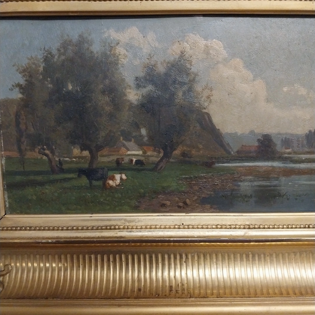 SMALL BUCCOLIC OIL PAINTING WITH COWS  IN ORNATE AS FOUND FRAME