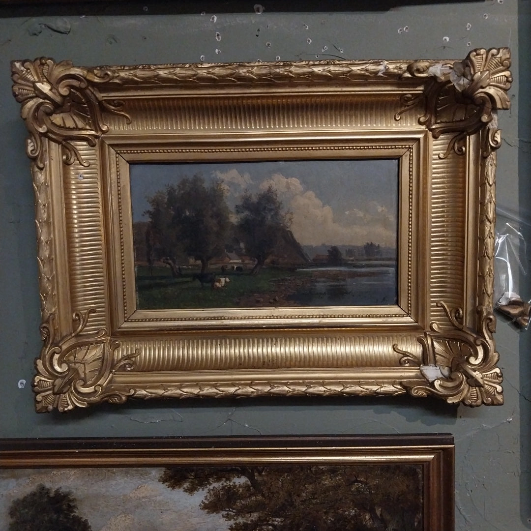 SMALL BUCCOLIC OIL PAINTING WITH COWS  IN ORNATE AS FOUND FRAME