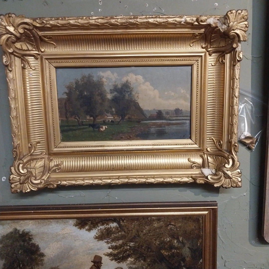 SMALL BUCCOLIC OIL PAINTING WITH COWS  IN ORNATE AS FOUND FRAME