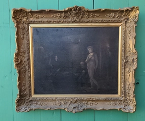 SMALL EARLY CONFESSION OIL PAINTING IN GOLD FRAME classic mural painting