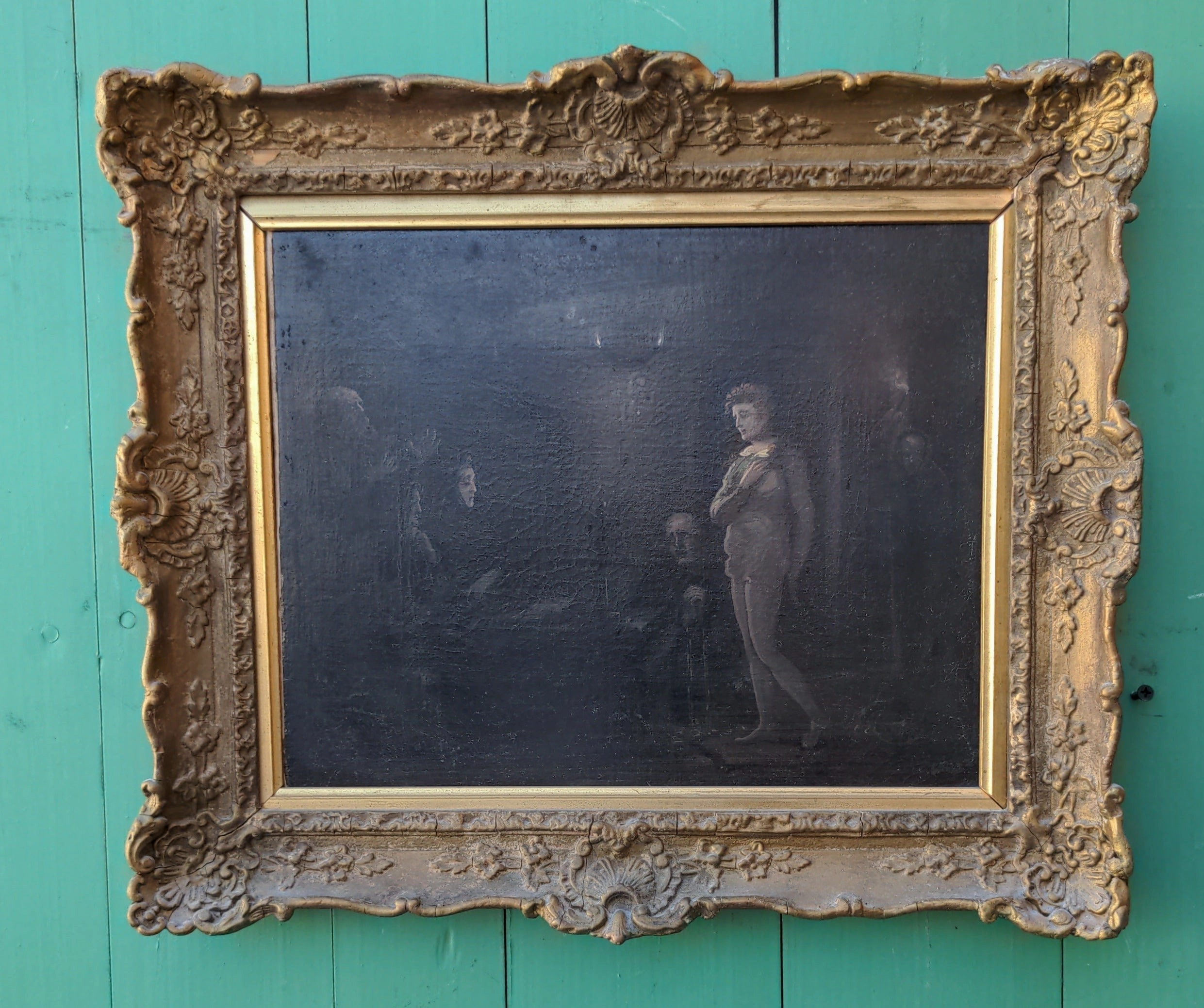 SMALL EARLY CONFESSION OIL PAINTING IN GOLD FRAME classic mural painting