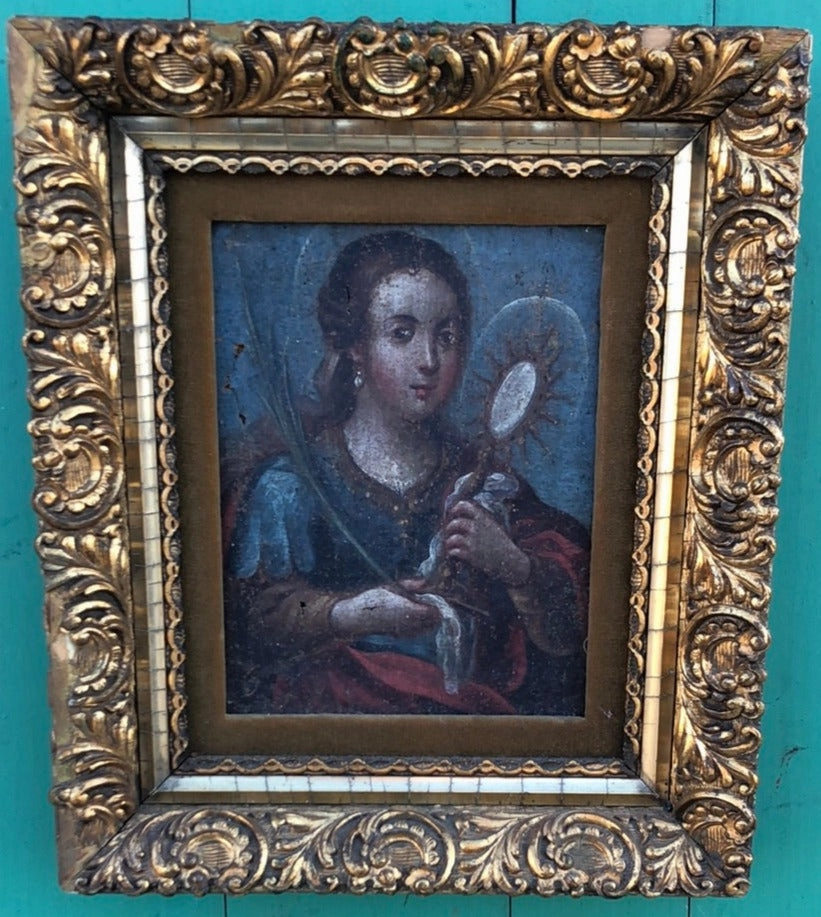 SMALL FEMALE SAINT OIL PAINTING HOLDING A MONSTRONCE ON CANVAS IN GILT FRAME classic mural painting