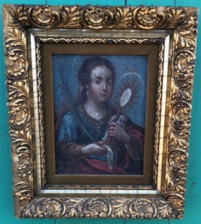 SMALL FEMALE SAINT OIL PAINTING HOLDING A MONSTRONCE ON CANVAS IN GILT FRAME classic mural painting