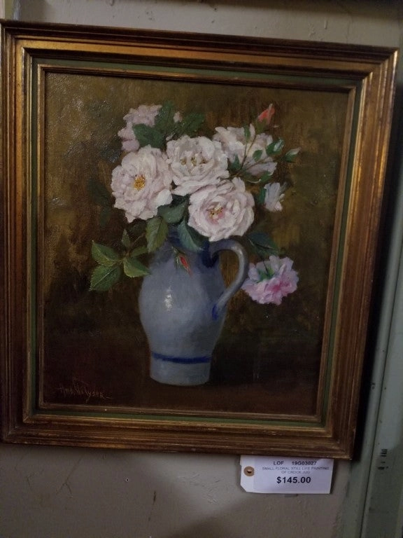 SMALL FLORAL STILL LIFE OIL PAINTING WITH FLOWERS IN CROCK JUG classic mural painting