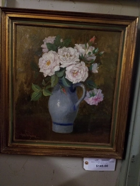 SMALL FLORAL STILL LIFE OIL PAINTING WITH FLOWERS IN CROCK JUG classic mural painting