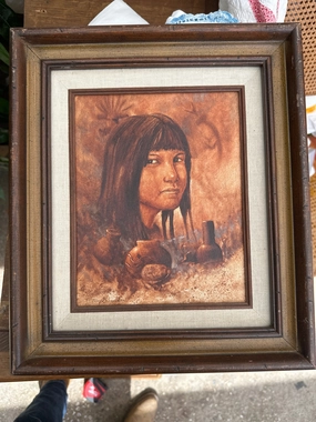 SMALL FRA,ED OIL PAINTING OF A PUEBLO GIRL SIGNED TONY M. SANDOVAL classic mural painting