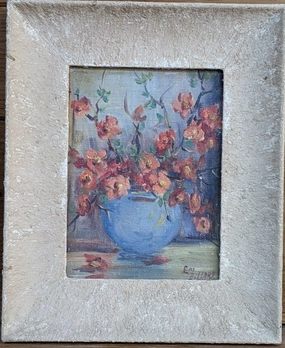 SMALL FRAME STILL LIFE OIL PAINTING OF FLOWERS IN VASE BY E. M. DILLARD classic mural painting