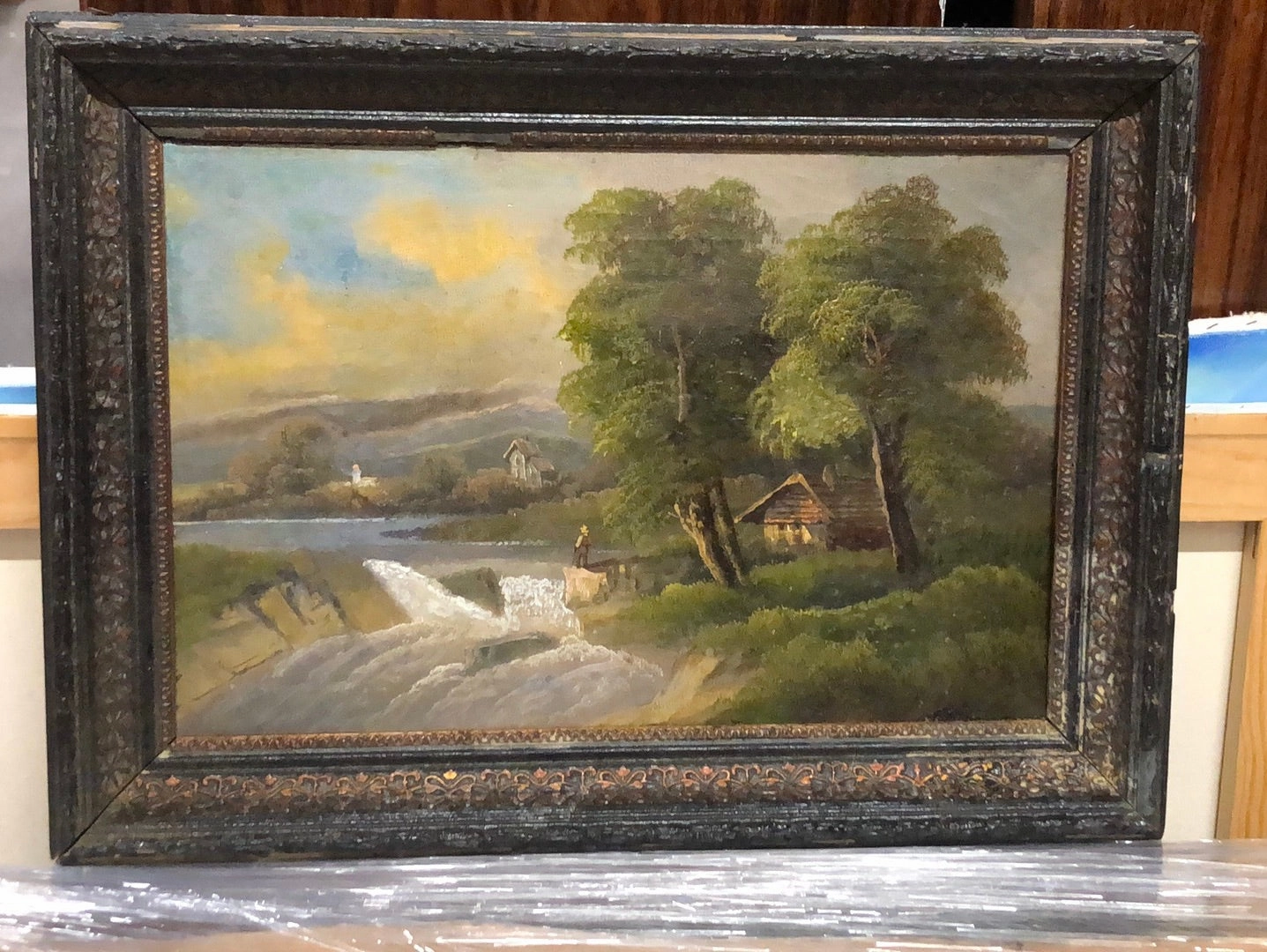 SMALL FRAMED EUROPEAN OIL PAINTING OF RIVER WITH WATERFALL classic mural painting