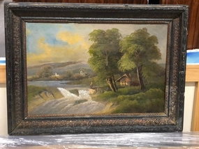 SMALL FRAMED EUROPEAN OIL PAINTING OF RIVER WITH WATERFALL classic mural painting