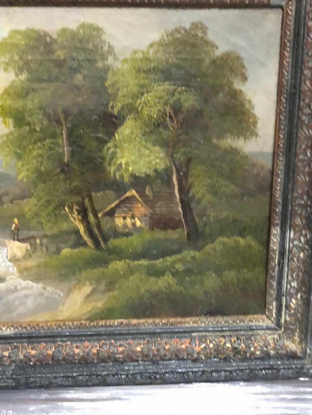 SMALL FRAMED EUROPEAN OIL PAINTING OF RIVER WITH WATERFALL