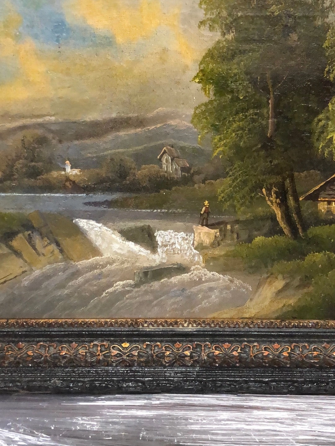 SMALL FRAMED EUROPEAN OIL PAINTING OF RIVER WITH WATERFALL