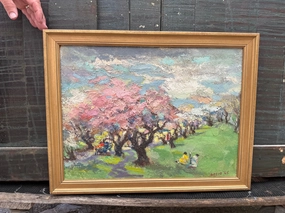 SMALL FRAMED IMPRESSIONIST LANDSCAPE OIL PAINTING WITH TREES AND 2 LADIES SIGNED ARMUNDO SOZIO '65 classic mural painting