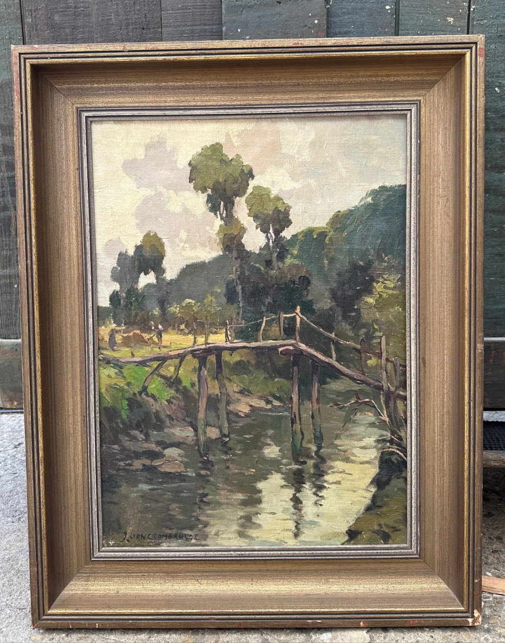 SMALL FRAMED IMPRESSIONIST LANDSCAPE OIL PAINTING WITH TREES AND BRIDGE OVER WATER SIGNED
