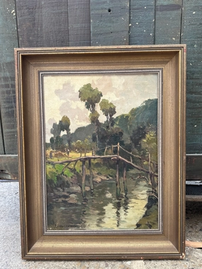 SMALL FRAMED IMPRESSIONIST LANDSCAPE OIL PAINTING WITH TREES AND BRIDGE OVER WATER SIGNED classic mural painting