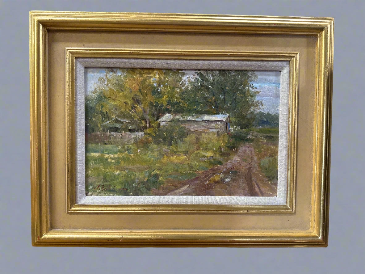 SMALL FRAMED IMPRESSIONIST OIL PAINTING OF A COUNTRY ROAD WITH OLD STRUCTURES  SIGNED JOHN ENEINAS 1994 classic mural painting
