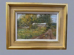 SMALL FRAMED IMPRESSIONIST OIL PAINTING OF A COUNTRY ROAD WITH OLD STRUCTURES  SIGNED JOHN ENEINAS 1994 classic mural painting