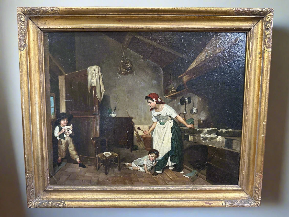 SMALL FRAMED ITALIAN OIL PAINTING OF AN INTERIOR SCENE WITH CHILDREN classic mural painting