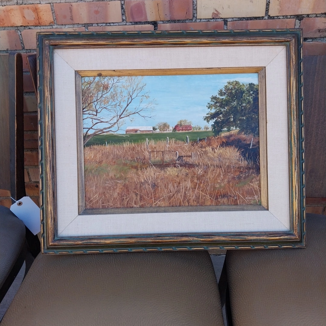 SMALL FRAMED LANDSCAPE OIL PAINTING OF A TEXAS  FARM BY ALDEN HENRY WAITT classic mural painting