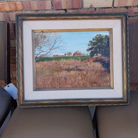 SMALL FRAMED LANDSCAPE OIL PAINTING OF A TEXAS  FARM BY ALDEN HENRY WAITT classic mural painting