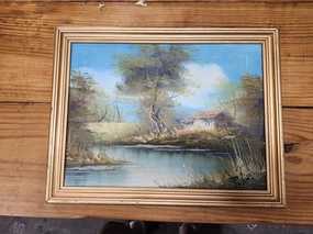 SMALL FRAMED LANDSCAPE OIL PAINTING ON CANVAS, SIGNED classic mural painting
