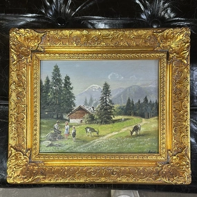SMALL FRAMED LANDSCAPE OIL PAINTING WITH CHILDREN classic mural painting