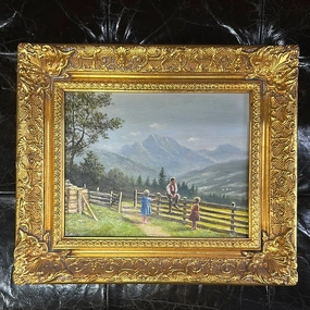 SMALL FRAMED LANDSCAPE OIL PAINTING WITH CHILDREN ON A FENCE classic mural painting