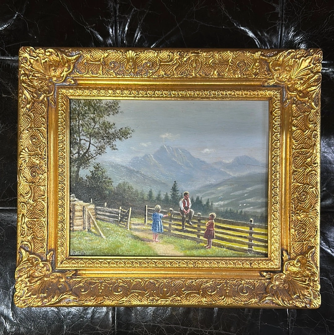 SMALL FRAMED LANDSCAPE OIL PAINTING WITH CHILDREN ON A FENCE classic mural painting