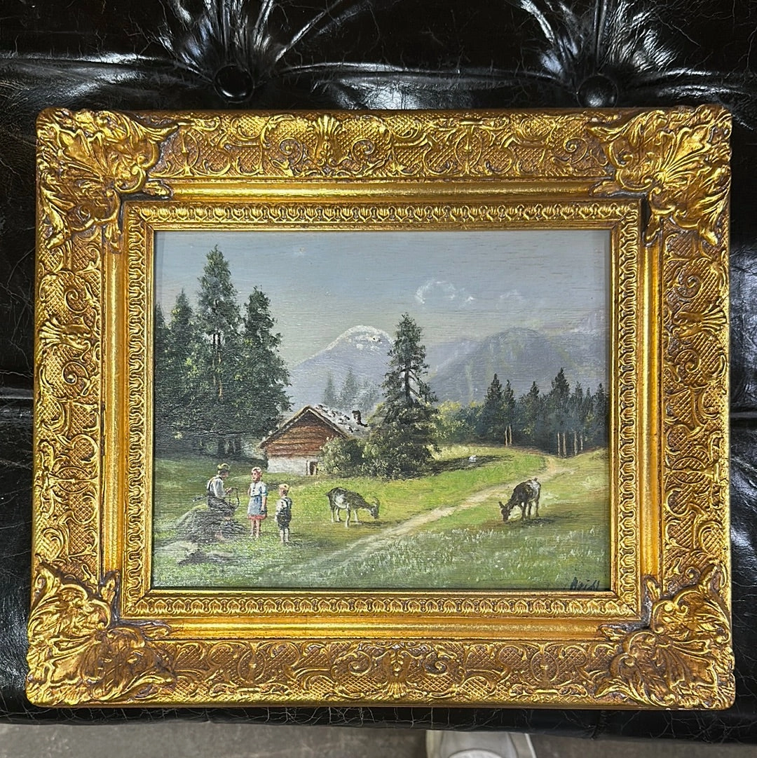 SMALL FRAMED LANDSCAPE OIL PAINTING WITH CHILDREN classic mural painting