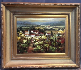 SMALL FRAMED LANDSCAPE WITH VINEYARD OIL PAINTING BY C. DAVIS classic mural painting