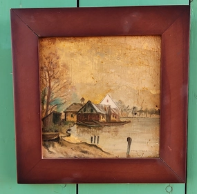 SMALL FRAMED OIL PAINTING ODF A RIVER SCENE classic mural painting