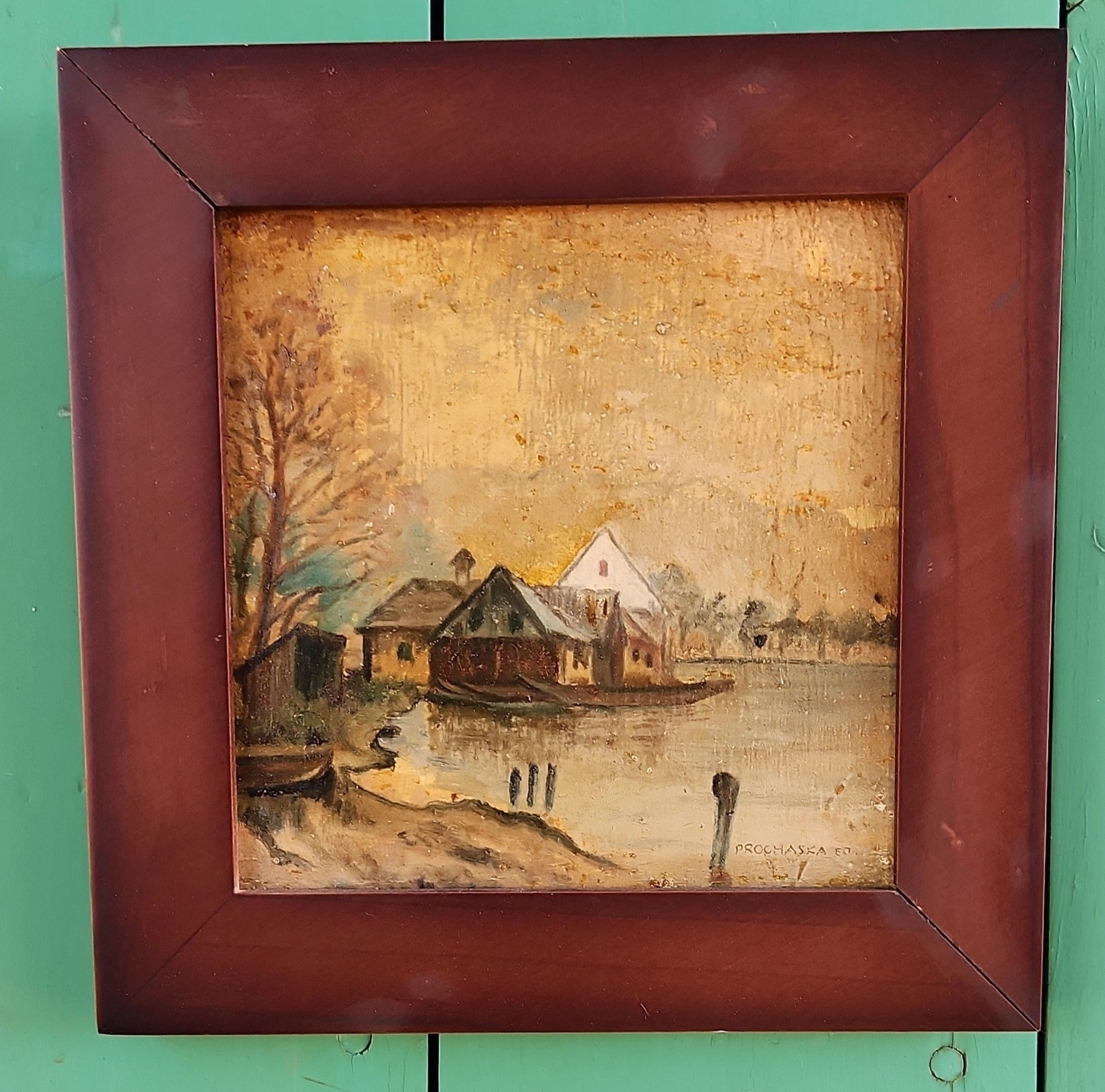 SMALL FRAMED OIL PAINTING ODF A RIVER SCENE classic mural painting