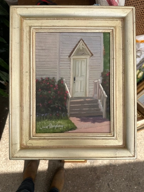 SMALL FRAMED OIL PAINTING OF A BIRD IN THE DOORWAY TITLED "THE SENTINEL" SIGNED classic mural painting