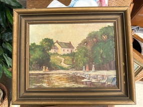 SMALL FRAMED OIL PAINTING OF A HOUSE ON A HILL NEAR THE WATER SIGNED MB ROBERTSON classic mural painting