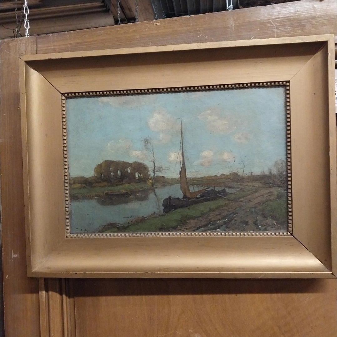 SMALL FRAMED OIL PAINTING OF A SAILBOAT MOORED ON THE BANK OF A RIVER-SIGNED PAUL BODIFEE classic mural painting