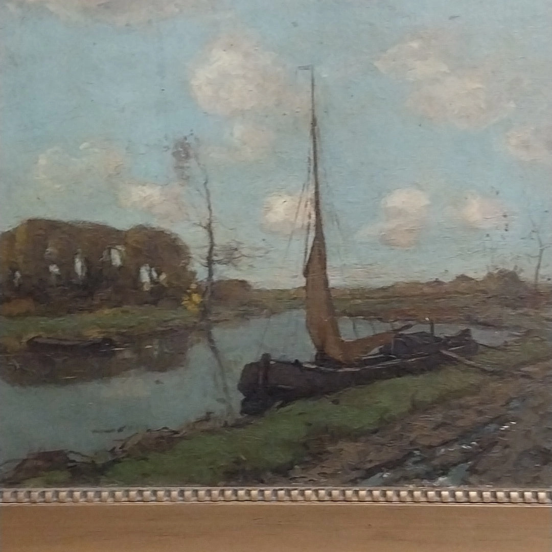 SMALL FRAMED OIL PAINTING OF A SAILBOAT MOORED ON THE BANK OF A RIVER-SIGNED PAUL BODIFEE