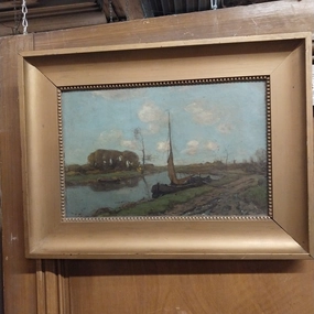 SMALL FRAMED OIL PAINTING OF A SAILBOAT MOORED ON THE BANK OF A RIVER-SIGNED PAUL BODIFEE classic mural painting