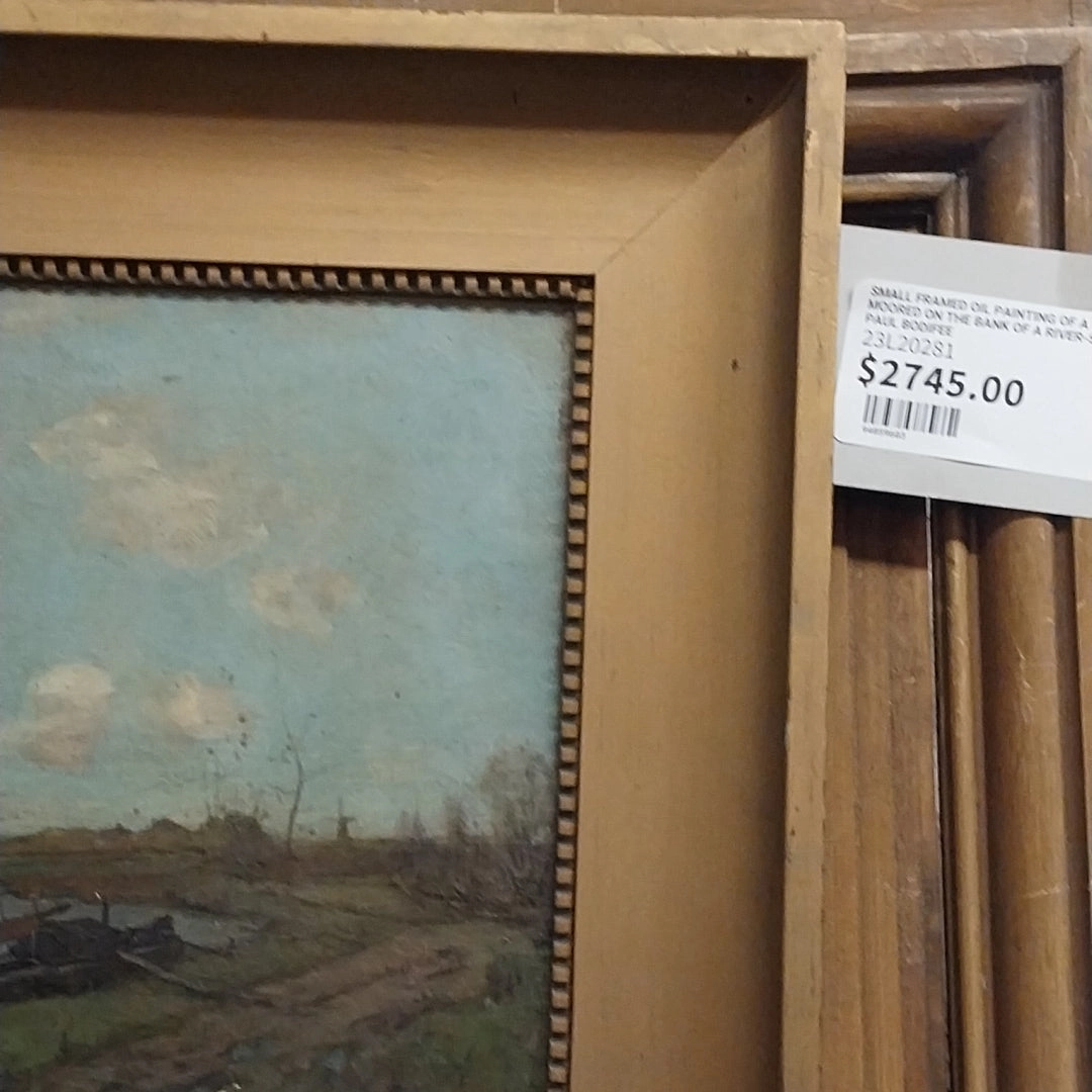 SMALL FRAMED OIL PAINTING OF A SAILBOAT MOORED ON THE BANK OF A RIVER-SIGNED PAUL BODIFEE